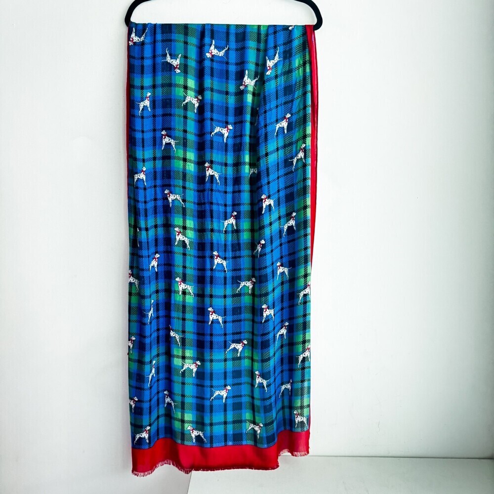 Talbots Green Blue Plaid Dog Dalmatian Print Lightweight Scarf